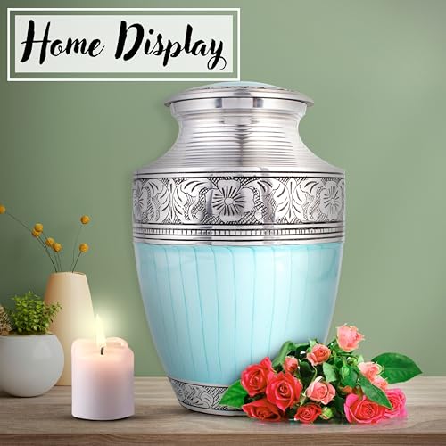 Image of ALPHA Living HOME Cremation Urns for Human Ashes Adult - Handcrafted Aluminum Memorial Funeral Urn with Silver Engraving, Decorative Burial Urn with Secure Screw Lid, (Sky Blue & Silver)