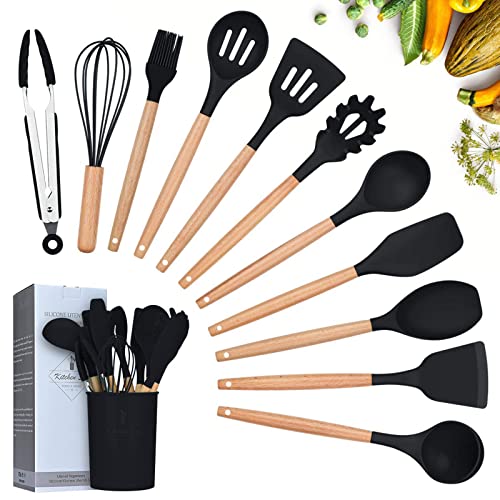 lychee Ustensiles de Cuisine, 12PCS Kit d'Ustensiles de Cuisine en Silicone et Bois, Ustensiles Cuisine Antiadhésive Set avec Pot de Rangement,Silicone de qualité Alimentaire (Noir)
