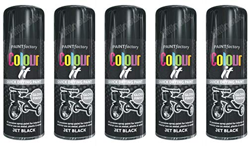 HitlineUK 5 x JET BLACK SPRAY PAINT GLOSS 400ML AEROSOL SPRAY CAN QUICK DRYING PLASTIC METAL COLOUR IT