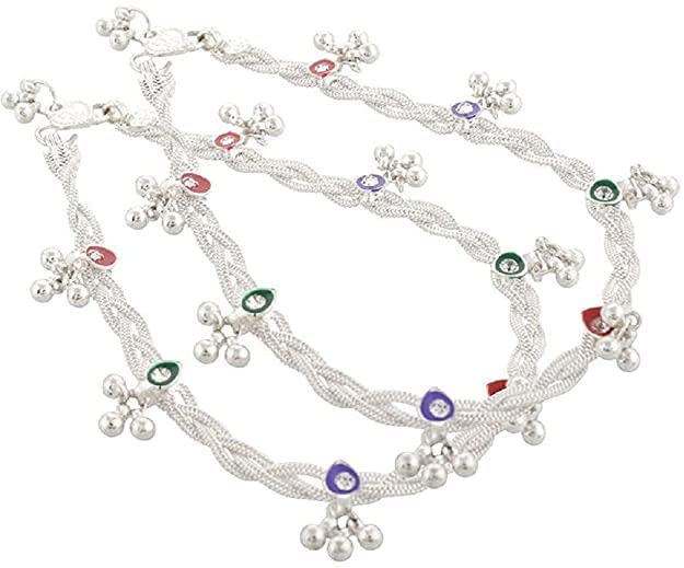 Girls Women's Silver Plated & Brass Stylish Thin Size Anklets Payal Ghungroo (White pack Of 2)