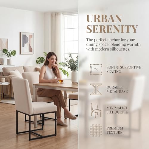 Image of HNY Modern Dining Chairs Set of 4, Upholstered Linen Dining Room Chairs with Ergonomic Back & Metal Frame for Home, Kitchen, Apartment, Cream