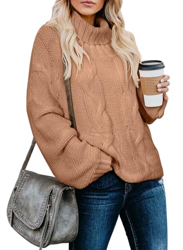 Dokotoo Womens Casual Loose Ladies Fashion Winter Fall Clothes 2026 Knit Turtleneck High Neck Sweaters Long Sleeve Sweater Pullovers Light Brown X-Small