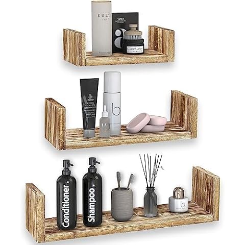 Halter Solid Wood Shelves, Floating Wood Shelves for Bathroom, Bedroom, Living Room, and Kitchen, Wooden Office Shelves, Rustic Floating Shelves Wall Storage, Floating Wall Shelf, Natural, Set of 3 Cover