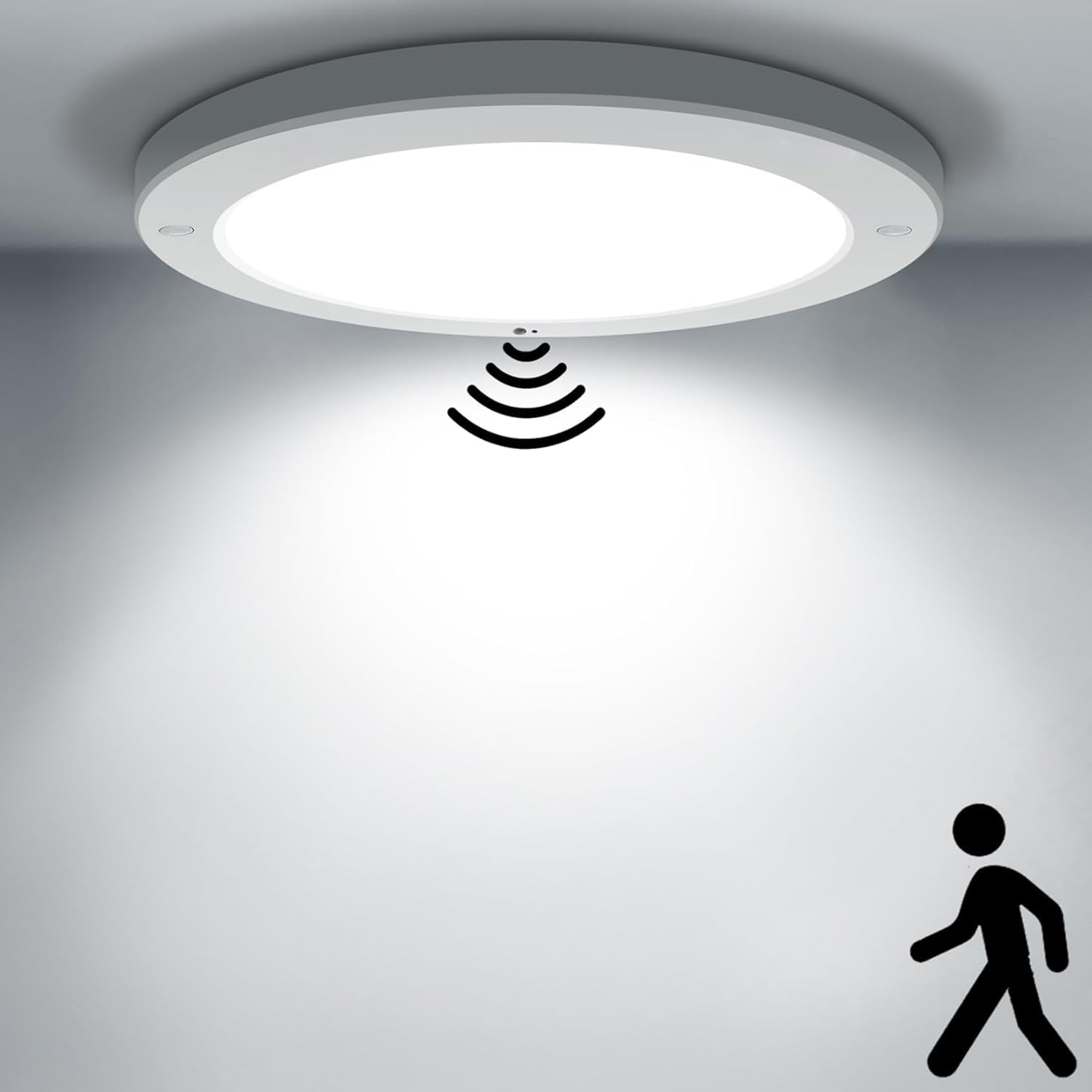 Hibay Cool White 18W Motion Sensor Led Ceiling Light With Twilight Sensor, Round Ultra Slim Flush Mount Pir Lights Indoor 1800Lm 240V For Hallway, Stair, Porch, Garage, Toilet
