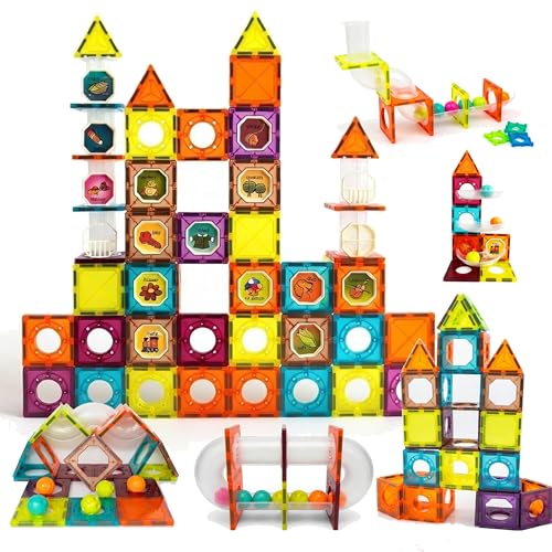 Magnetic Tiles 145 Piece Set Strong Magnetic Blocks Marble run Magnet Tiles for Kids Magnetic Building Blocks Construction Toys Magnet Toys for 3 4 5 6 7 Year Old Boys Girls magnetic tiles for kids
