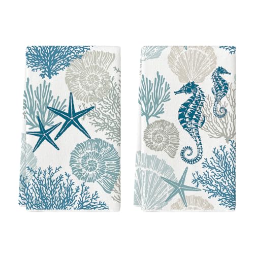 Artoid Mode Starfish Seahorses Coral Summer Kitchen Towels Dish Towels, 18x26 Inch Seasonal Summer Decoration Hand Towels Set of 2