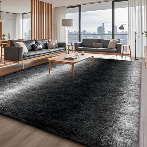 HOMORE Living Room Rugs 8x10 Area Rug forBedroom, Fluffy Shaggy Rugs for Living Room, Gradient Abstract Rugs for Kids Boys Girls Room, Plush Rug for Dorm Home Floor Decor, Black and White