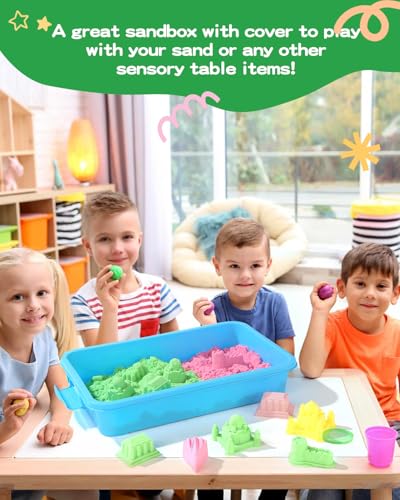Image of Sensory Bin Sand Tray with Lid for Toddlers 2 Pcs 15in Portable Sandbox Toy Large Plastic Tray for Kids 3 4 5 6 Fill with Sand, Water, Beads, and More (Green+Blue)