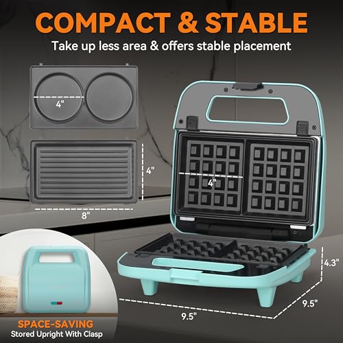Image of Baker's Friend 3 in 1 Mini Waffle Maker with Removable Plates, Mini Pancake Maker, Grilled Cheese Maker, Breakfast Sandwich Maker Press, Indoor Grill, Belgian Waffle Maker, Aqua
