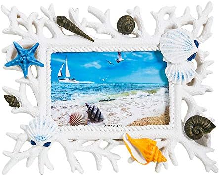 6 Inch Mediterranean Coral Shell Photo Frame Resin Frame For Desk Table Top, Home, Office and all Occasions Decoration Fit For 4x6 Inch Photo