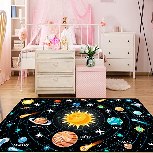 Universe Planet Area Rugs Outer Space Rugs for Boys Bedroom Educational Sofa Floor Mat Galaxy Solar System Theme Throw Rugs for Indoor Outdoor Carpets Crystal Polyester Mats Oversized, 4'5''×6'