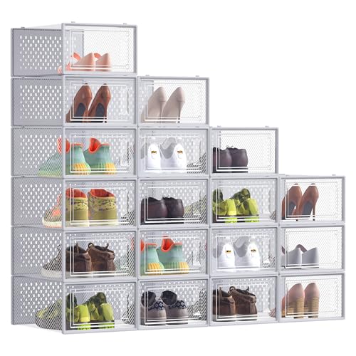 SONGMICS Scatole per Scarpe, Contenitori per Scarpe, Organizzatori Portascarpe Pieghevoli e Impilabili, Fino alla Taglia 43, Set di 18, Trasparente e Grigio Tortora LSP066G18