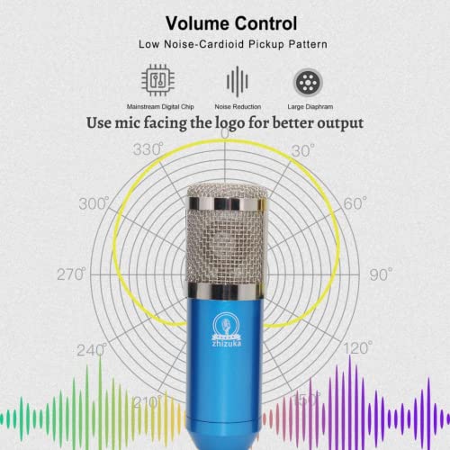 Image of ZHIZUKA BM800 Condenser Microphone Adjustable Boom Arm + Shock Mount + Pop Filter | Recording, Podcast, Streaming, Voice Overs, Singing, YouTube | Mobile, PC, MAC, PS4 | Need additional 48V Phantom Power | 3.5mm Mic - Blue