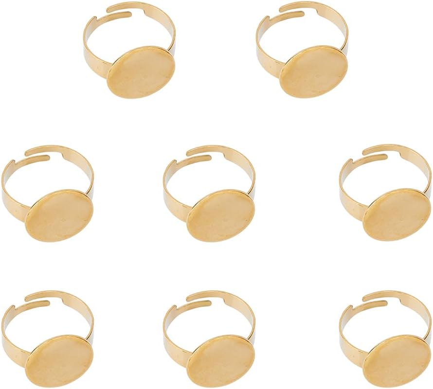 8Pcs Blank Rings Real 18K Gold Plated Adjustable Flat Rings Stainless Steel Pad Ring Base Cabochon Ring Bezel Tray 14mm Alloy Ring Base Finger Rings Components for Unisex Ring Making