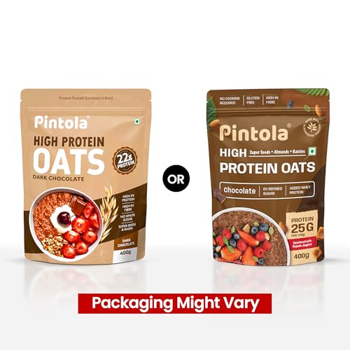 Image of PINTOLA 26g High Protein Oats 400g, Dark Chocolate, No Refined Sugar, with Almonds, Raisins, Pumpkin & Chia Seeds, 9.6g Fibre, Rolled Oats for Weight Loss, Breakfast Cereals | Gluten Free