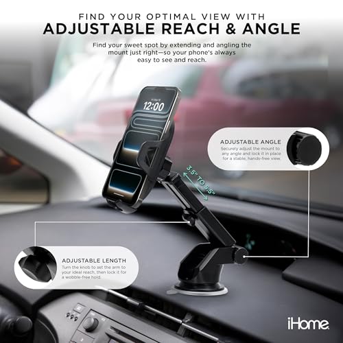 Image of iHome Car Mount, Dashboard /Windshield /Vent Mount, Swivel Neck, Silicone Grip, Adjustable Mount Arm with Suction Cup Base (Universal Car Mount)