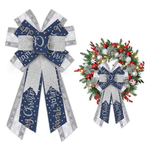 Threetols Large Christmas Bows for Wreath, Silver Glitter Wreath Bow Winter Dot Bows for Front Door, Blue Farmhouse Ornament Burlap Tree Topper Bows for Xmas Indoor Outdoor Decoration