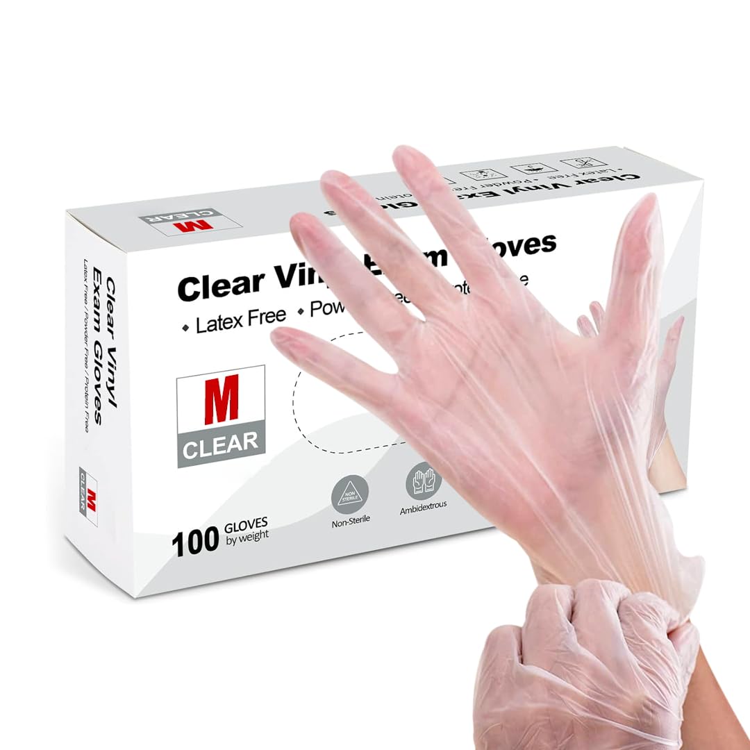 Clear Vinyl Gloves - Pack of 100, Latex-Free, Powder-Free, Multi-Purpose, Extra Strong for Medical, Food Handling, Cleaning (1000, Medium)