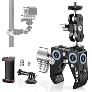 UTEBIT Super Clamp mit Magic Arm, Kamerahalterung Klemme mit 360° Kugelkopfarm, Klemme Stativ mit 1/4″ & 3/8″ Gewinde, Action Kamera Adapter, Handyhalterung, Kompatibel mit GoPro/Monitor/Blitzlicht