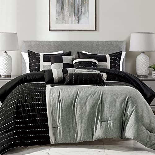 Bedream 7 Pieces Embroidered King Size Comforter Set, Black And Gray Printed Down Alternative Bedding Set, All Season Color Block Bed In A Bag - 1 Comforter, 2 Shams, 4 Decor Pillows #TOP1