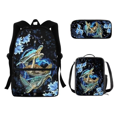 Set di 3 zaini da scuola per bambini con portapranzo astuccio per studenti borsa a tracolla grazioso zaino Tartaruga Marina Flore