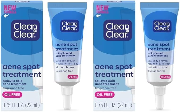 Clean & Clear Acne Spot Treatment Gel Cream with 2% Salicylic Acid, Oil-Free Topical Acne Treatment with Witch Hazel for Clinically Proven Results in 1 Day, Fragrance Free, 0.75 fl. oz (Pack of 2)