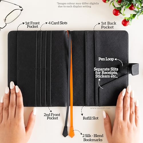 Image of NEORAH - B6 Notebook SLEEVE with SNAP Button + Dotgrid JOURNAL | Faux Leather Sleeve + Penloop | 2 Front 1 Back compartment | 6 Card Slots - BLACK