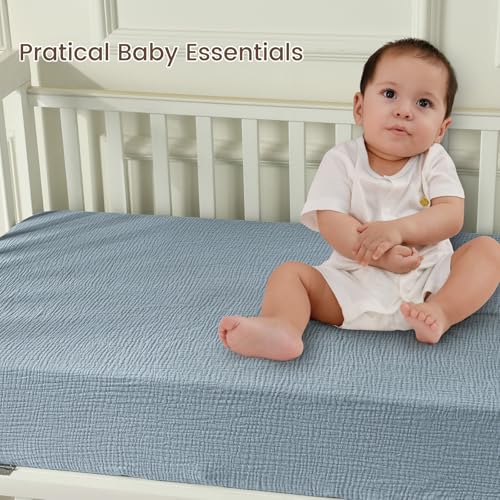 Image of david's kids Muslin Crib Sheets for Boys Girls, 2 Pack 100% Cotton Soft Breathable Fitted Baby Neutral Sheet Set, Standard 52 inchx28 inch Crib and Toddler Mattress, Sage Green & Dusty Blue