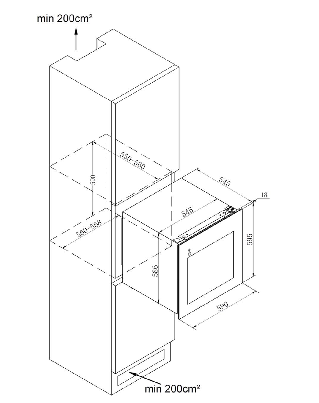 Wolkenstein EWTS85-36ED | Cantinetta da incasso | Per 36 bottiglie | 2 zone di temperatura | 3 ripiani in legno | Larghezza di installazione 60 cm | Apertura touch | 85 L di capacità utile