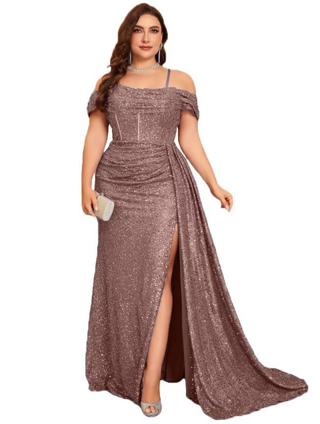 Plus Size Sequin Mermaid Prom Dress Off The Shoulder Split Bridesmaid Dress