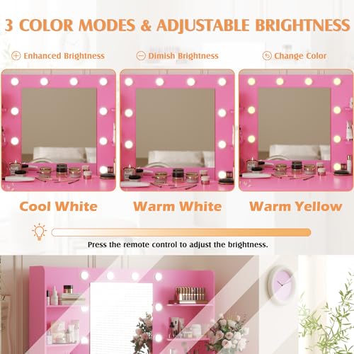 Image of YESHOMY Vanity Desk with Mirror, Power Outlet and 10 Lights, Makeup Table with 7 Drawers, 3 Color Modes Available for Bedroom, Light Pink