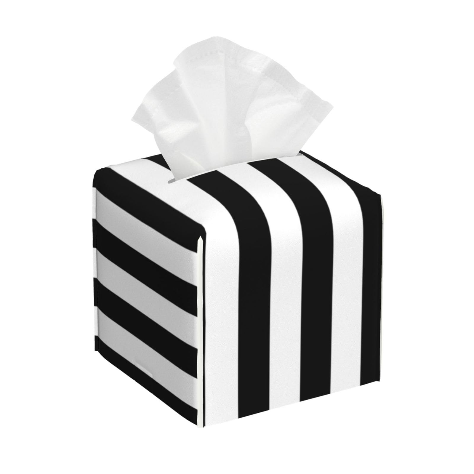 Asbwuo As Pic Black And White Striped Square Leather Tissue Box Cover