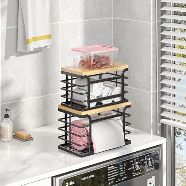 2 Pack Stackable Trash Bag Holder with Bamboo Top, 2025 Pro Wall Mount Laundry Room Organization, Djustable Hooks for Cabinet Door - Organizers in Kitchen/Pantry/Laundry Room, Black