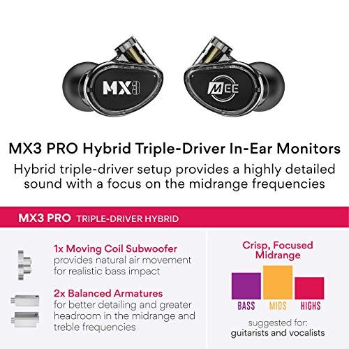 Image of MEE audio Professional MX3 PRO Triple-Driver Hybrid Musician's in Ear Monitor Headphones with Enhanced Midrange and Warm Tonality, Noise Isolating Earphones with Detachable Cables, Black