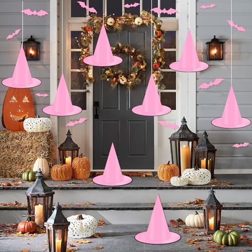 12 PCS Hanging Witch Hats Black/Pink, 16 PCS 3D Bats Stickers for...