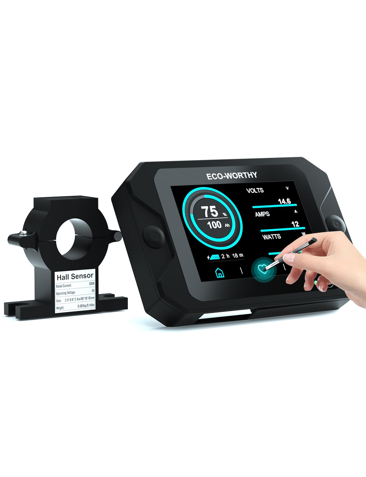 ECO-WORTHY Battery Monitor with Hall Sensor, 300A Touchable Backlight Display with Programmable Alarm for 9-80V LiFePO4/AGM/Gel Battery RV Golf Cart Off-Grid Houses