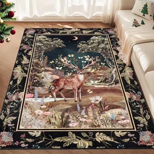 GEANUP Area Rugs Living Room 120x180cm Soft Black Reindeer Area Rug for Bedroom Non Slip Low Pile Fantasy Carpets for Playroom Nursery Kitchen Dining Room Office Home Decor