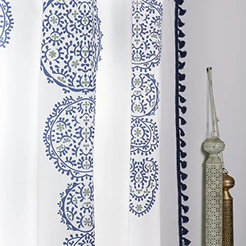 Image of Tranquebar Curtain Co. 100% Cotton, Moroccan Tasseled Geometric Print, Room Darkening Curtains for Door (with Back Tabs) - 7 Feet, Daira: Blue, 1 Piece (Length 213 cm)