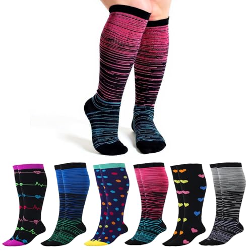 6 Pairs Plus Size Compression Socks for Women Wide Calf Knee High Compression Stockings for Circulation Travel Yoga Running, XX-Large
