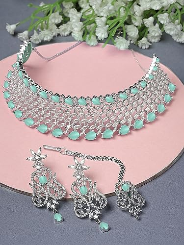 Image of Karatcart Light Green American Diamond Silver Plated Choker Necklace Set for Women