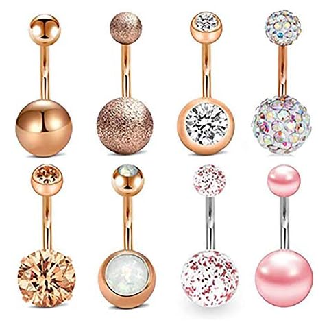 Stainless Steel Belly Button Rings for Women Girls CZ Opal Navel Rings Barbells Studs Reverse Navel Body Piercing Jewelry (8 PCS) Cover