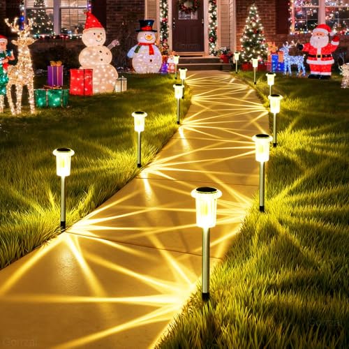 Gorrzai Solar Lights Outdoor 10 Pack Solar Pathway Lights Outdoor LED Waterproof Stainless Steel Driveway Lighting for Outdise, Yard, Walkway, Sidewalk, Garden, Lawn (Warm White)
