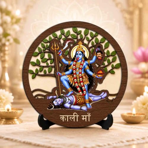 Image of Kali Maa Table Top Wooden Idol /Murti for Mandir Decoration, Office Desk & Festive Gift - 5x5 Inch
