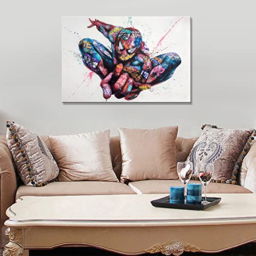 Kugo Art Large Graffiti Spiderman Canvas Wall Art- Banksy Graffiti Paintings Marvel Hero Canvas Wall Art -Modern Colorful Graffiti Canvas Painting, Framed Artwork For Home Wall Decor, 24X36Inch #TOP5
