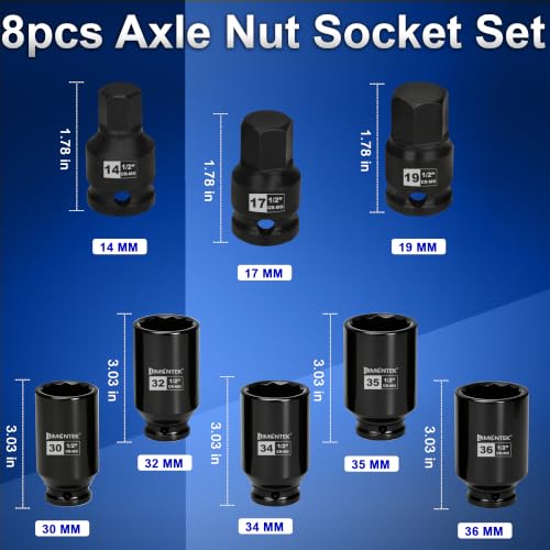 Image of 12 Point Axle Nut Socket Set 1 /2'' Drive Spindle Nut Socket Set, 8pcs Deep Impact Socket Set 14mm 17mm 19mm 30mm 32mm 34mm 35mm 36mm