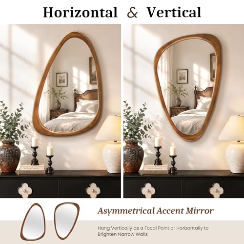 Image of Asymmetrical Mirror, 30 inchx20 inch Unique Irregular Wall Mirror, Wood Mid Century Modern Mirror Decor for Bathroom Bedroom Living Room Entryway Hallway (Natural Wood)