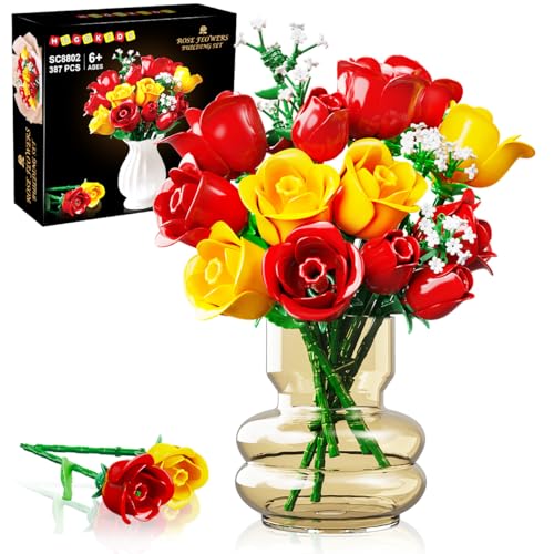 HOGOKIDS Bouquet de fleurs avec lumières - 16 blocs de construction de roses botaniques artificielles rouges pour la décoration de la maison, la fête des mères, cadeaux d'anniversaire pour filles et