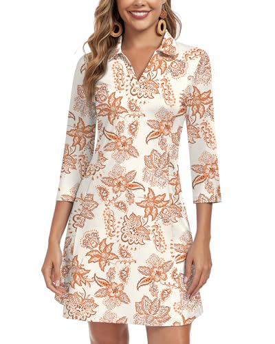Image of WOWENY 3 /4 Sleeve Dress for Women with Pockets V Neck UPF 50+ Casual Sun Dress Breathable Quick Dry Beach Vacation