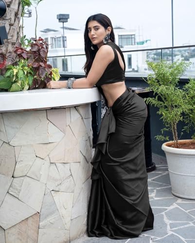 Image of FABIAN FASHION Women's Solid Japan Satin Silk Saree With Unstitched Blouse Piece for Wedding Saree