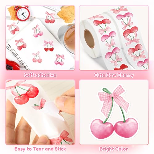 Image of 1000pcs Pink Bow Cherry Coquette Sticker Roll (2 Rolls), Watercolor Aesthetic Fruit Decorative Decals, Red & Pink Cherry with Bow Self-Adhesive Stickers for Water Bottle Scrapbook Decor